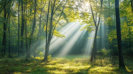 Fototapeta premium Sunbeams Filtering Through Trees in a Foggy Forest