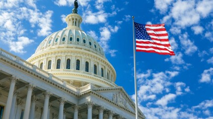 architectural details of the united states capitol with american flag against a blue sky, showcasing bright white colors, sharp focus, and clean professional digital photography with low contrast
