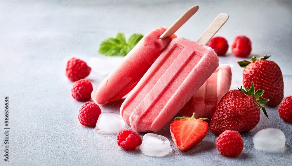Poster strawberry and raspberry popsicles