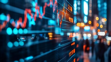 Stock market display with blurred city lights in background