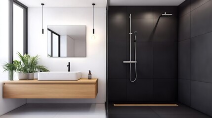 Matte black tiles with contrasting grout in a minimalist shower, minimalist bathroom tiles, bold contrast