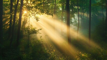 Obraz premium Sunbeams Illuminating a Foggy Forest