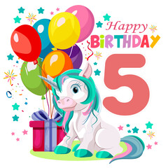 Unicorn with birthday gift and number five