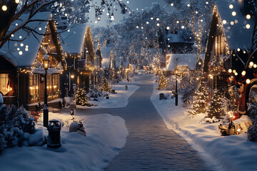 A picturesque snowy street lined with beautifully decorated houses, snow-covered trees, parks, and twinkling holiday lights, creating a cozy winter wonderland.