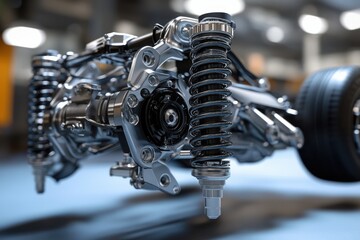 Fototapeta premium Closeup of Car Suspension System with Shock Absorber and Spring