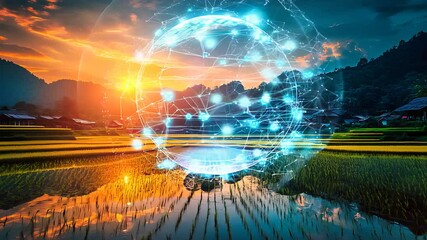  Futuristic digital network overlaying a rural landscape at sunset representing the integration of technology and nature in modern agriculture - Powered by Adobe
