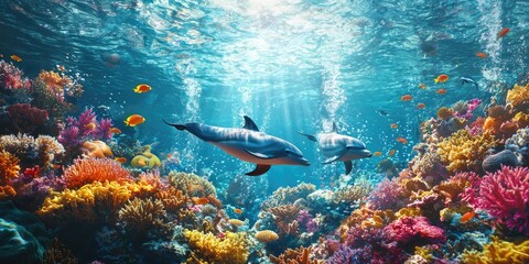 Fototapeta premium Majestic Underwater World: Vibrant Coral Reef and Playful Dolphins