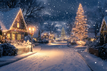 A picturesque snowy street lined with beautifully decorated houses, snow-covered trees, parks, and twinkling holiday lights, creating a cozy winter wonderland.