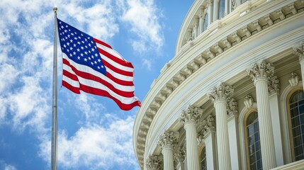 American flag flying in front of the US Capitol under a clear blue sky, a symbol of patriotism and national pride, with ample copy space for design use