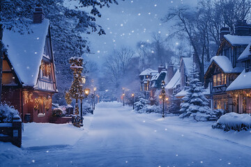 A picturesque snowy street lined with beautifully decorated houses, snow-covered trees, parks, and twinkling holiday lights, creating a cozy winter wonderland.