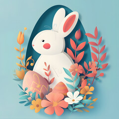 Whimsical white rabbit surrounded by colorful flowers and a decorated egg in a pastel setting for spring festivities