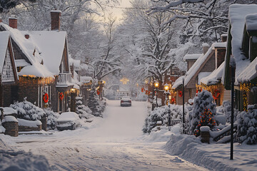 A picturesque snowy street lined with beautifully decorated houses, snow-covered trees, parks, and twinkling holiday lights, creating a cozy winter wonderland.