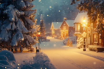 A picturesque snowy street lined with beautifully decorated houses, snow-covered trees, parks, and twinkling holiday lights, creating a cozy winter wonderland.