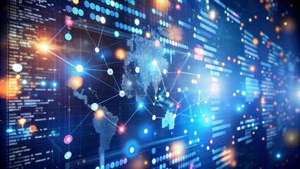 Obraz premium The image showcases a vibrant digital landscape filled with interconnected nodes and data streams, representing a global network. It symbolizes the complexity of coding challenges and data processing