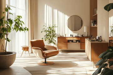 Fototapeta premium Modern beauty salon with stylish chair, vanity mirror, and indoor plants in bright natural lighting