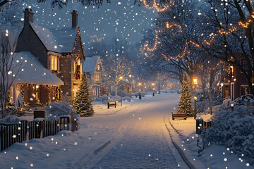 A picturesque snowy street lined with beautifully decorated houses, snow-covered trees, parks, and twinkling holiday lights, creating a cozy winter wonderland.