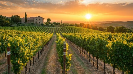 Fototapeta premium Scenic Vineyard at Sunset with Rows of Grape Vines