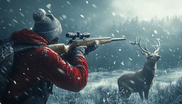 Hunter aiming rifle at deer in snowy winter forest