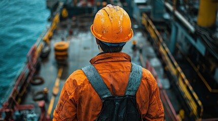A worker stands on the deck of an offshore vessel observing operations over the water during a cloudy day