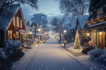 A picturesque snowy street lined with beautifully decorated houses, snow-covered trees, parks, and twinkling holiday lights, creating a cozy winter wonderland.