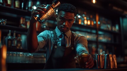 Mixologist in a Dimly Lit Bar