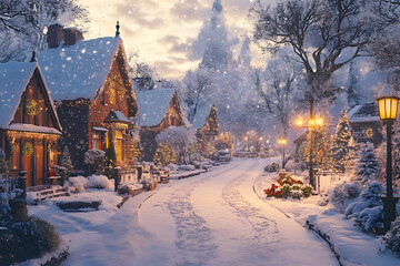 A picturesque snowy street lined with beautifully decorated houses, snow-covered trees, parks, and twinkling holiday lights, creating a cozy winter wonderland.