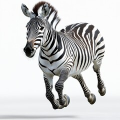 Fototapeta premium A majestic zebra galloping gracefully across a bright background, showcasing its distinctive black and white stripes.