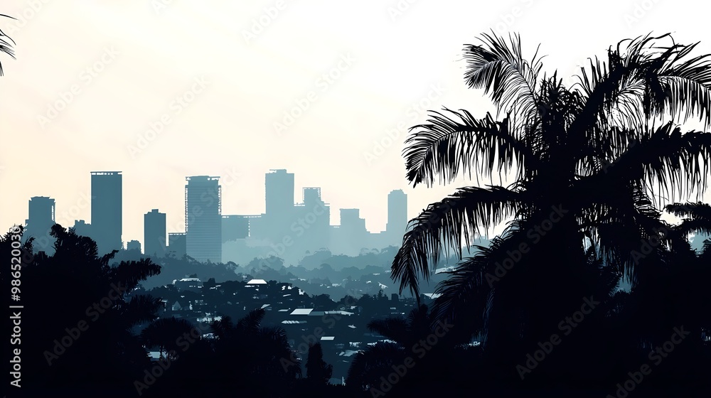 Poster Silhouetted cityscape with palm trees in the foreground against a hazy sky.