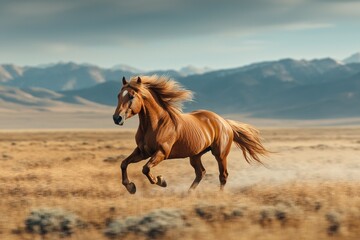 Obraz premium Majestic Mustang Galloping Across Vast Plain in 8K - Symbol of Freedom and Strength