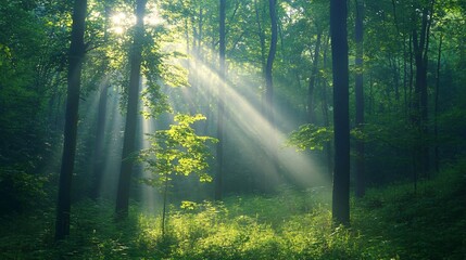 Fototapeta premium Sunbeams Filtering Through a Lush Green Forest
