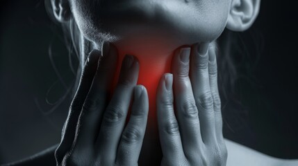 Close-up of a woman's hands holding her throat, with a red highlight indicating pain.  A common symptom of a sore throat.