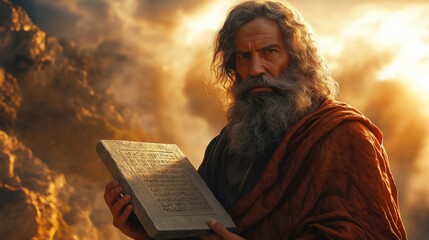 Moses holding the stone tablets with the Ten Commandments, surrounded by dramatic clouds and golden light in a biblical, spiritual scene