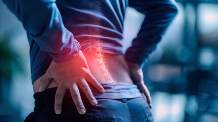 A man experiencing lower back pain, with a glowing illustration of his spine and the affected area highlighted in red.