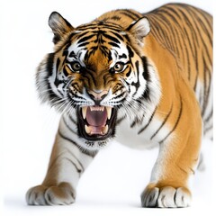 Obraz premium A fierce tiger exhibiting its powerful presence, showcasing vibrant fur and an intense expression, perfect for wildlife themes.