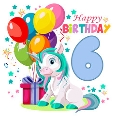 Unicorn with birthday gift and number six