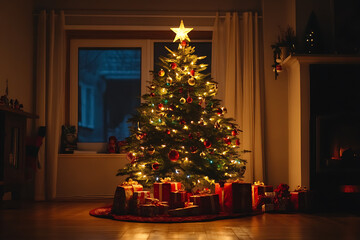 A beautifully decorated Christmas tree with gifts underneath, glowing with warm lights, capturing festive family moments gathered around.