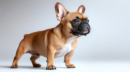 A playful French Bulldog standing proudly with a curious expression, showcasing its distinctive features and charming personality.