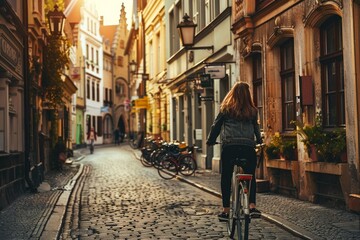 A cyclist riding through a charming cobblestone street in a European town at sunset, with historic buildings lining the path