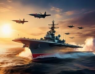 panoramic view of a generic military aircraft carrier ship with fighter jets take off