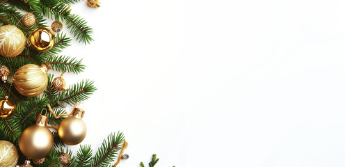 Golden Christmas ornaments hanging on a lush green pine tree, set against a minimalist white background, creating a simple and elegant holiday-themed composition