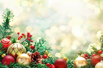Fototapeta premium Vibrant Christmas ornaments, pine cones, and holly berries arranged on lush greenery with a soft glowing bokeh background, capturing the festive spirit of the holiday season