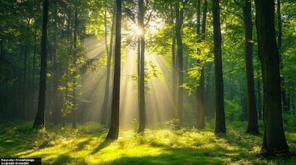 Sunbeams Filtering Through a Misty Forest