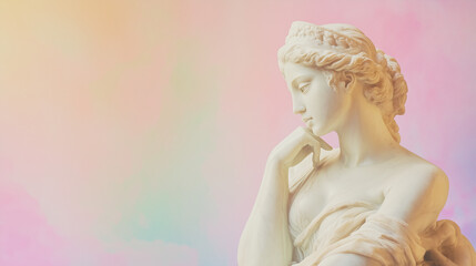 Afrodyta, uchwycona w myślącej pozie, z marmurowych kształt&oacute;w tworzy subtelny kontrast z pastelowym tłem. 