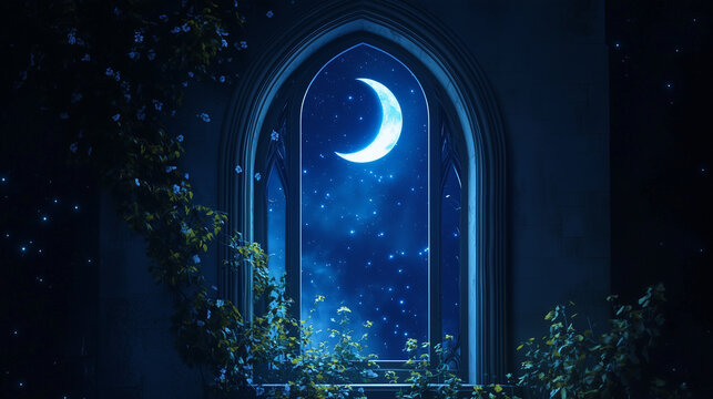 Mistyczne okno zdobi piękny p&oacute;łksiężyc, kt&oacute;ry wisi na tle głębokiej nocy. Jego blask rzuca magiczne cienie na wnętrze, tworząc intymną przestrzeń.