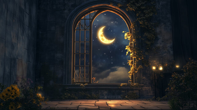 Mistyczne okno zdobi piękny p&oacute;łksiężyc, kt&oacute;ry wisi na tle głębokiej nocy. Jego blask rzuca magiczne cienie na wnętrze, tworząc intymną przestrzeń.
