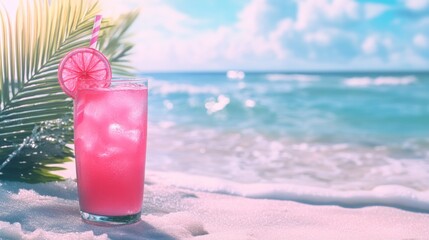 Obraz premium Bright pink drink on Tropical Beach. Ai generated image