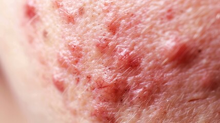 Fototapeta premium Close-up image of a person's skin showing red bumps and blemishes, a common symptom of various skin conditions.