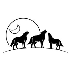 Minimalist Wolf Trio Howling at the Moon - Vector Art