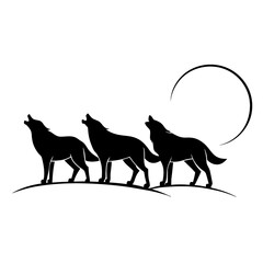 Minimalist Wolf Trio Howling at the Moon - Vector Art