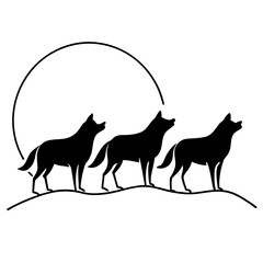 Minimalist Wolf Trio Howling at the Moon - Vector Art